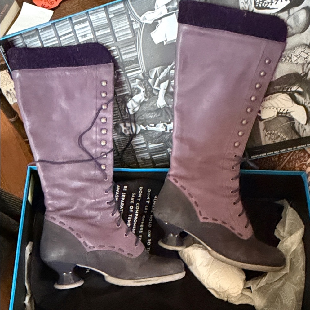 John Fluevog Purple and Gray Heeled Boots